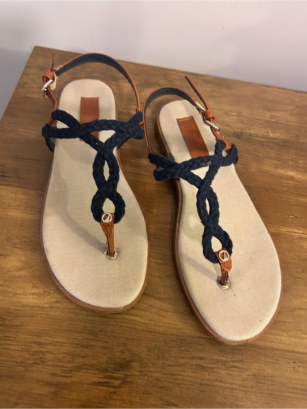 Nautica Navy Braided Rope T-Strap Sandals with Brown Trim